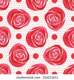 Seamless floral pattern watercolor roses and circles, vector illustration. 