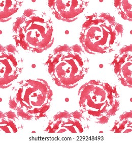 Seamless floral pattern watercolor roses and small circles, illustration. 