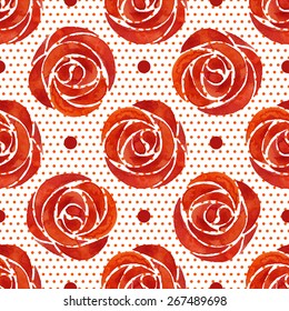 Seamless floral pattern watercolor roses and and small circles, vintage illustration. 
