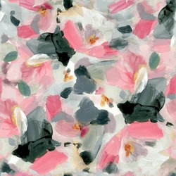 Seamless Floral Pattern With Watercolor Textured Flowers Background In Pink, Gray And Black. Pastel Colored Flower Garden Pattern Design Vector Prepared For Textile Digital Printing