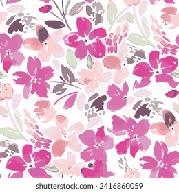 Seamless floral pattern with watercolor textured abstract flower and leaf background elements in pink pastel colors