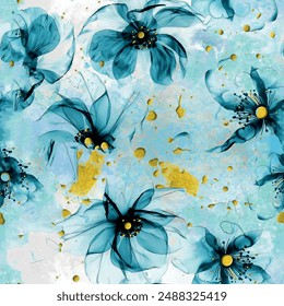 Seamless floral pattern with watercolor textured flower and leaf background elements in blue, turquoise and yellow