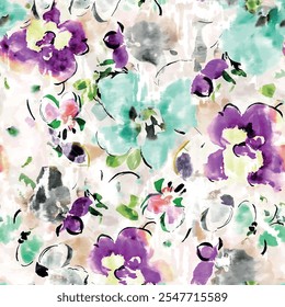 Padrão floral contínuo com aquarela texturizada mão desenhada arte abstrata flores e deixa elementos de fundo em cores verdes, roxas e pretas. Vetor de jardim de flores preparado para estampagem têxtil