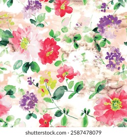 Seamless floral pattern with watercolor textured hand drawn art abstract flowers and leaves background elements in red, purple, green, pink and yellow colors. Flower garden wallpaper design vector