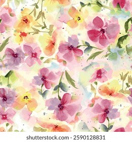 Seamless floral pattern with watercolor textured hand drawn art abstract flower and leaf background elements in pink, yellow and green colors. Flower garden wallpaper design vector