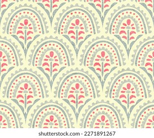 Seamless floral pattern. Wavy background ogee. Grunge vintage texture with fabric imitation. Bohemian print for textiles. Vector illustration.