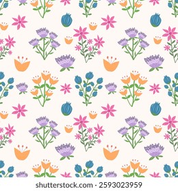 Seamless Floral Pattern with Whimsical Flowers, Cute Colorful Flower Pattern for Fabric and Design, Vector Repeat Pattern with Hand-Drawn Style Flowers, Retro Inspired Floral Pattern in Pastel Colors
