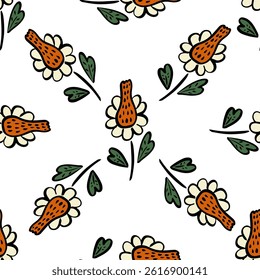 Seamless floral pattern with whimsical hand-drawn flowers and green leaves on a white background, perfect for fabric, wallpaper, stationery, kids products, and creative decorative projects