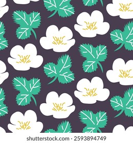 Patrón floral sin fisuras con flores blancas y hojas verdes sobre fondo oscuro. Un patrón floral decorativo con flores blancas y hojas verdes sobre una base oscura. Perfecto para textiles, Fondos de pantalla, 