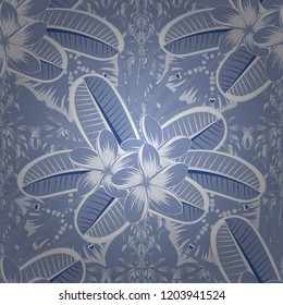 Seamless Floral Pattern in white, blue and gray colors. Vector plumeria flowers seamless pattern.