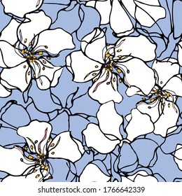 Seamless floral pattern with white and blue flowers. Vector texture for fabric dresses, textiles and tiles.