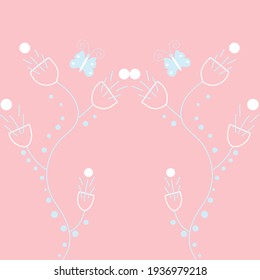 Seamless floral pattern in white, blue and pink color with unusual flowers and butterflies