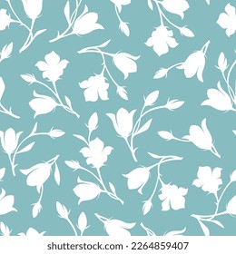 Seamless floral pattern with white bluebell (campanula) flowers on a blue background. Vector illustration Adlı Stok Vektör