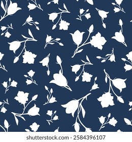 Seamless floral pattern with white bluebell (campanula) flowers silhouettes on a blue background. Vector floral print. Hand-drawn illustration, not AI