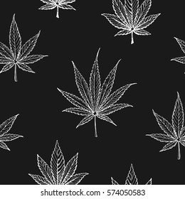 Seamless floral pattern, white chalk leaves marijuana and cannabis thin lines for a dark background. isolated vector printing on wallpaper and fabrics