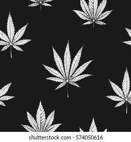 Seamless floral pattern, white chalk leaves marijuana and cannabis for a dark background. isolated vector printing on wallpaper and fabrics