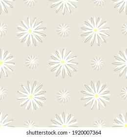 Seamless floral pattern. White chamomile or daisy on a light beige background. Pastel, retro tone for textile or designer decor. Endless floral pattern. Vector illustration. Flat style