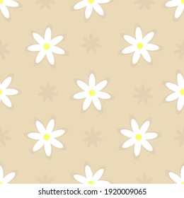 Seamless floral pattern. White chamomile or daisy on a light beige background. Pastel, retro tone for textile or designer decor. Endless floral pattern. Vector illustration. Flat style
