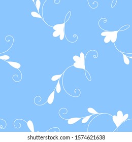 Seamless floral pattern, white contour flowers on blue background. Leaves and whorls. Design for web page, textures, card, poster, fabric, textile.
