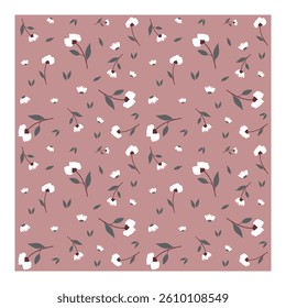 Seamless floral pattern with white cotton-like flowers and green leaves on a soft pastel red background. Ideal for textile design, wrapping paper, wallpaper, and fabric prints.