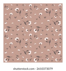 Seamless floral pattern with white cotton-like flowers and green leaves on a soft pastel brown background. Ideal for textile design, wrapping paper, wallpaper, and fabric prints. Vector illustration