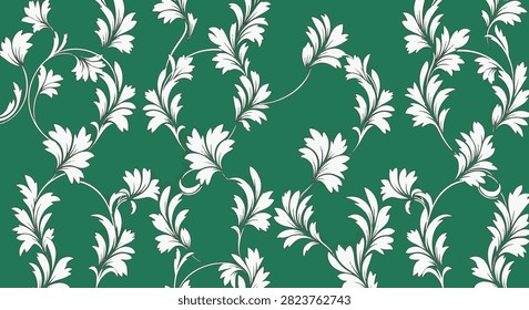 Seamless floral pattern with white curved leaf ornaments and elegant botanical scrolls on a dark emerald green background. Intricate damask style foliage for textile design and wallpaper.