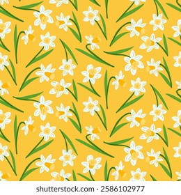 Seamless floral pattern with white daffodils and green leaves on a vibrant yellow background, perfect for spring designs, fabric, wrapping paper, wallpapers, and seasonal decorations