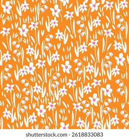 Seamless floral pattern with white daffodils and white leaves on a orange background, perfect for spring designs, fabric, wrapping paper, wallpapers, and seasonal decorations