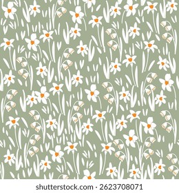Seamless floral pattern with white daffodils and white leaves on a olive green background, perfect for spring designs, fabric, wrapping paper, wallpapers, and seasonal decorations
