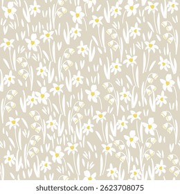 Padrão floral sem costura com narcisos brancos e folhas brancas em um fundo meio branco, perfeito para desenhos de primavera, tecido, papel de embrulho, papéis de parede e decorações sazonais