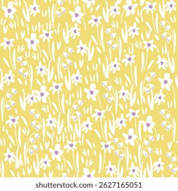 Padrão floral sem emenda com narcisos brancos e folhas verdes em um fundo amarelo, perfeito para desenhos de primavera, tecido, papel de embrulho, papéis de parede e decorações sazonais