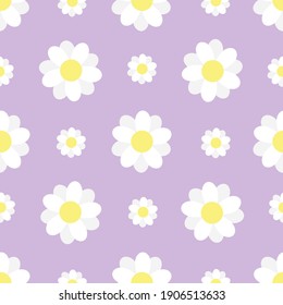 Seamless floral pattern. White daisies or daisies on a lilac background. Endless ornament for textiles and fabrics, wrapping paper, packaging. Vector image. Flat style.

