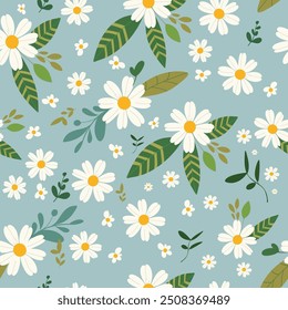 Seamless Floral Pattern with White Daisies, Green Leaves, and Blue Background, Decorative Botanical Design for Textile, Wallpaper, and Wrapping Paper, Spring and Summer Theme