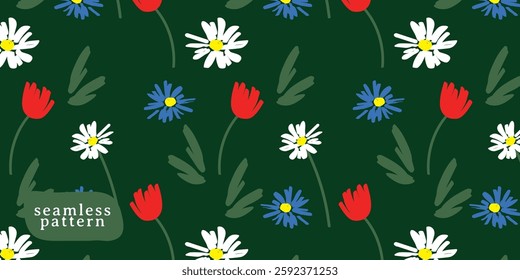 Seamless floral pattern with white daisies, blue asters, and red tulips on a deep green background. The hand-drawn design creates a fresh and elegant spring-inspired aesthetic for textiles and prints.