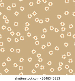 Padrão floral contínuo com margaridas brancas caóticas espalhadas em um fundo marrom quente, criando um design delicado e encantador