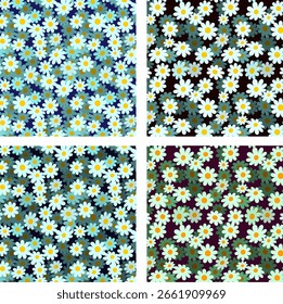 Nahtloses Blumenmuster mit weißen Gänseblümchen auf dunklem Hintergrund. Dichtes botanisches Design, perfekt für Stoff, Tapete, Umhüllungspapier und Oberflächendesign.