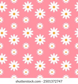 Patrón floral inconsútil de flores blancas de la margarita en un fondo rosado suave. Ideal para tejidos, Fondos de pantalla y diseños digitales, añadiendo un toque fresco y femenino perfecto para proyectos de primavera y verano