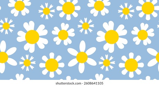 Seamless floral pattern with white daisy flowers on a soft blue background. Cheerful minimalistic design perfect for textiles, wallpapers, wrapping paper, and spring-themed projects