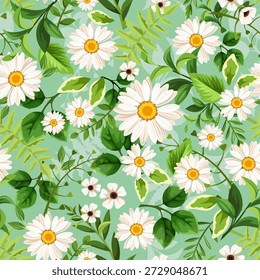 Seamless floral pattern with white daisy flowers and green leaves. Vector seamless floral print. Hand-drawn illustration, not AI