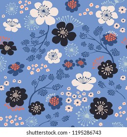 Seamless floral pattern with white and dark blue flowers. Vector background.