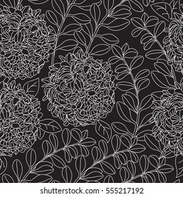 Seamless floral pattern with white decorative flowers on black background