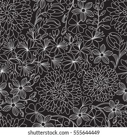 Seamless floral pattern with white decorative flowers on black background