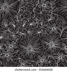 Seamless floral pattern with white decorative flowers on black background