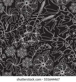 Seamless floral pattern with white decorative flowers on black background