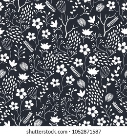 Seamless floral pattern with white flowers and garden elements. Beautiful seamless pattern for textile and fashion industry, t-shirt design, wrapping paper. Vector