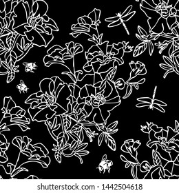 Seamless floral pattern with white flowers on black background. The pattern is perfect for textiles, wallpapers, posters and branding. Vector