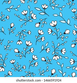 Seamless floral pattern of white flowers and light blue leaves, black stroke, on a blue background. Great for decorating fabrics, textiles, gift wrapping design, any printed materials and advertising.
