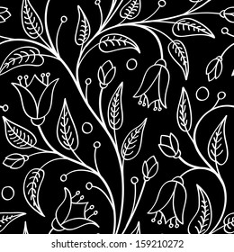 Seamless floral pattern with white flowers on black. For wallpaper, pattern fills, web page background, surface textures.