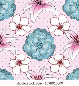 Seamless floral pattern with white flowers, succulent and lilies on pink polka dots