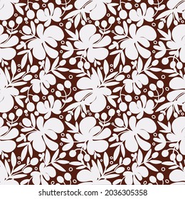 Seamless floral pattern of white flowers and elements on a brown background. For packaging, textiles, wallpaper, fabric.